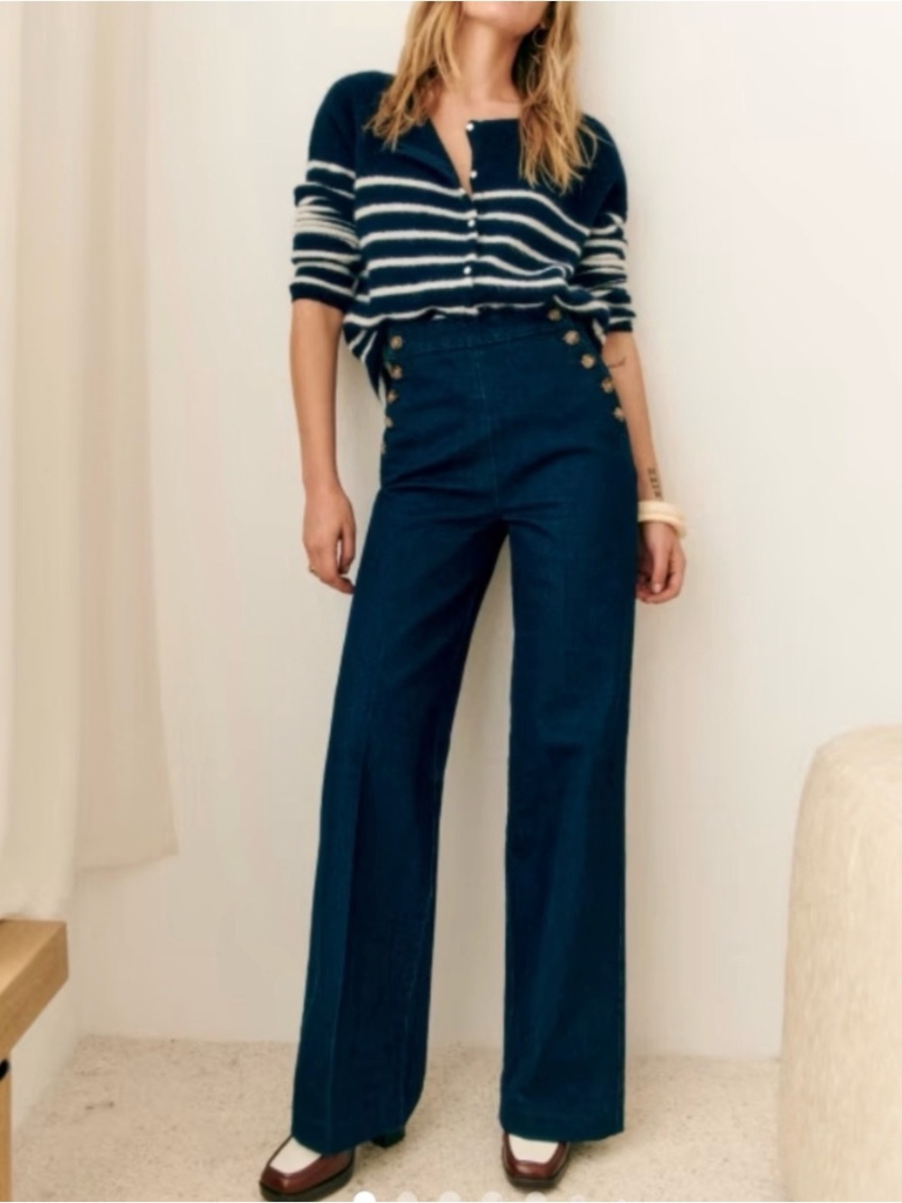 Sezane Marino Trouser High-Rise Wide-Leg Sailor Jeans Size 46 US 14 Deep Navy